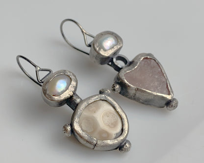 Ethereal Hearts: Pearl & Beryl Drop Earrings