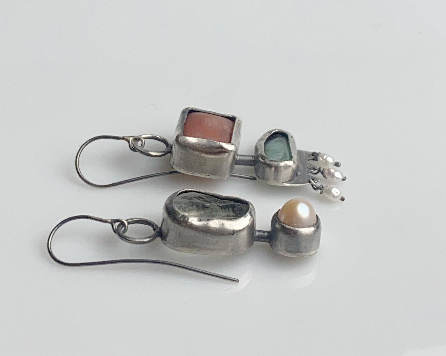 Handcrafted Silver Earrings with Chalcedony, Jade, Prasiolite, and Pearl