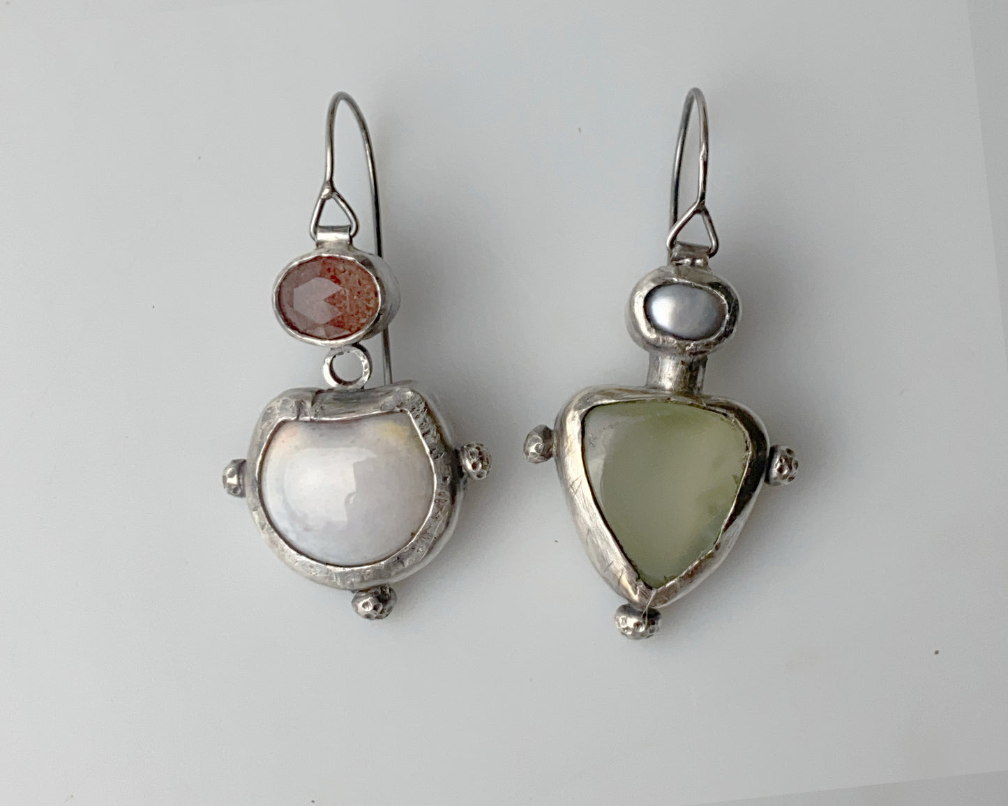 Strawberry Quartz, Agate, Pearl & Prehnite Silver Earrings