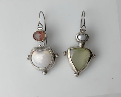 Strawberry Quartz, Agate, Pearl & Prehnite Silver Earrings
