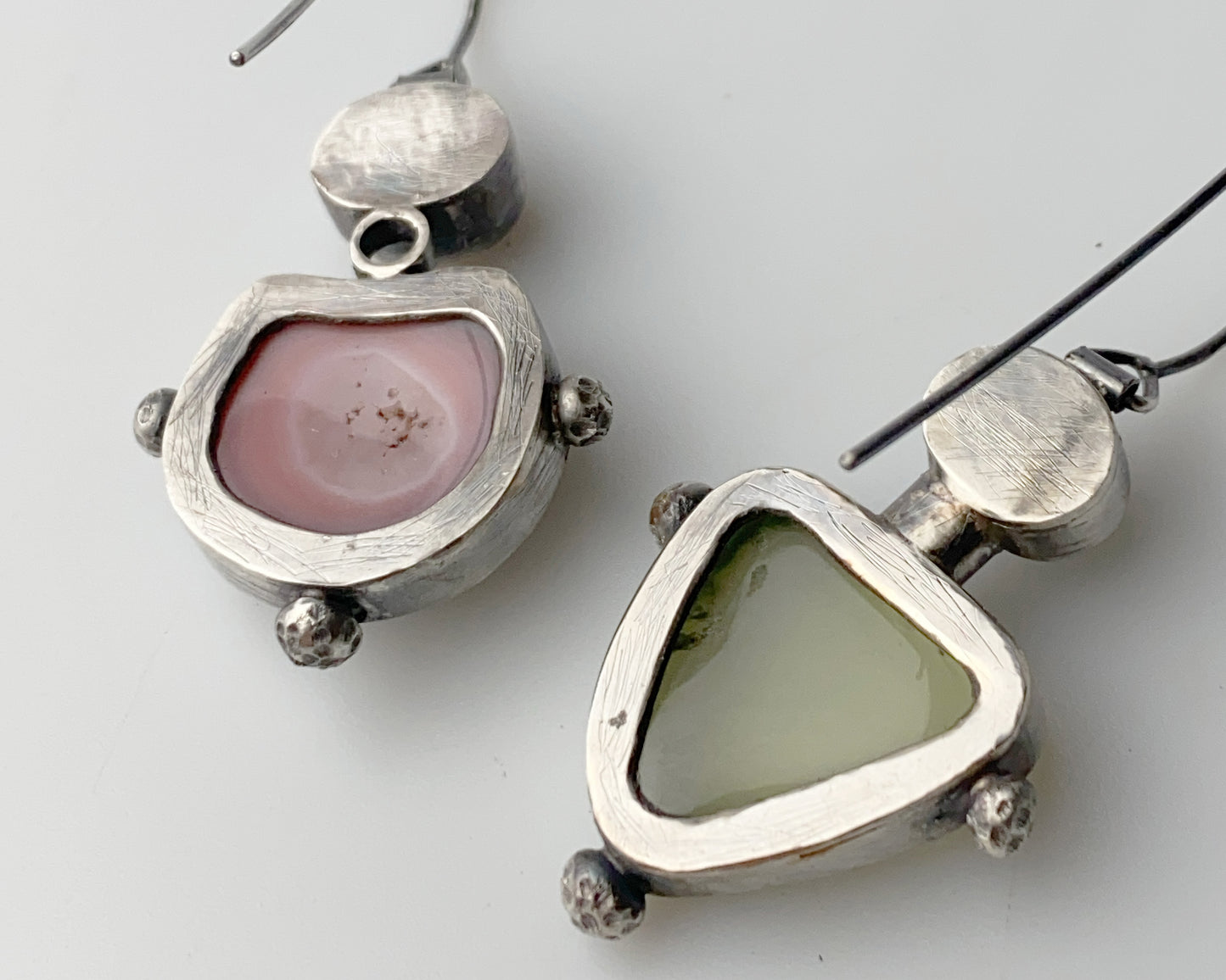 Strawberry Quartz, Agate, Pearl & Prehnite Silver Earrings