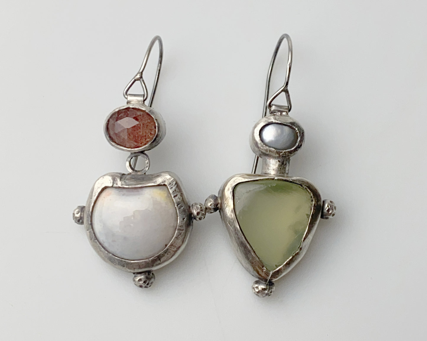 Strawberry Quartz, Agate, Pearl & Prehnite Silver Earrings