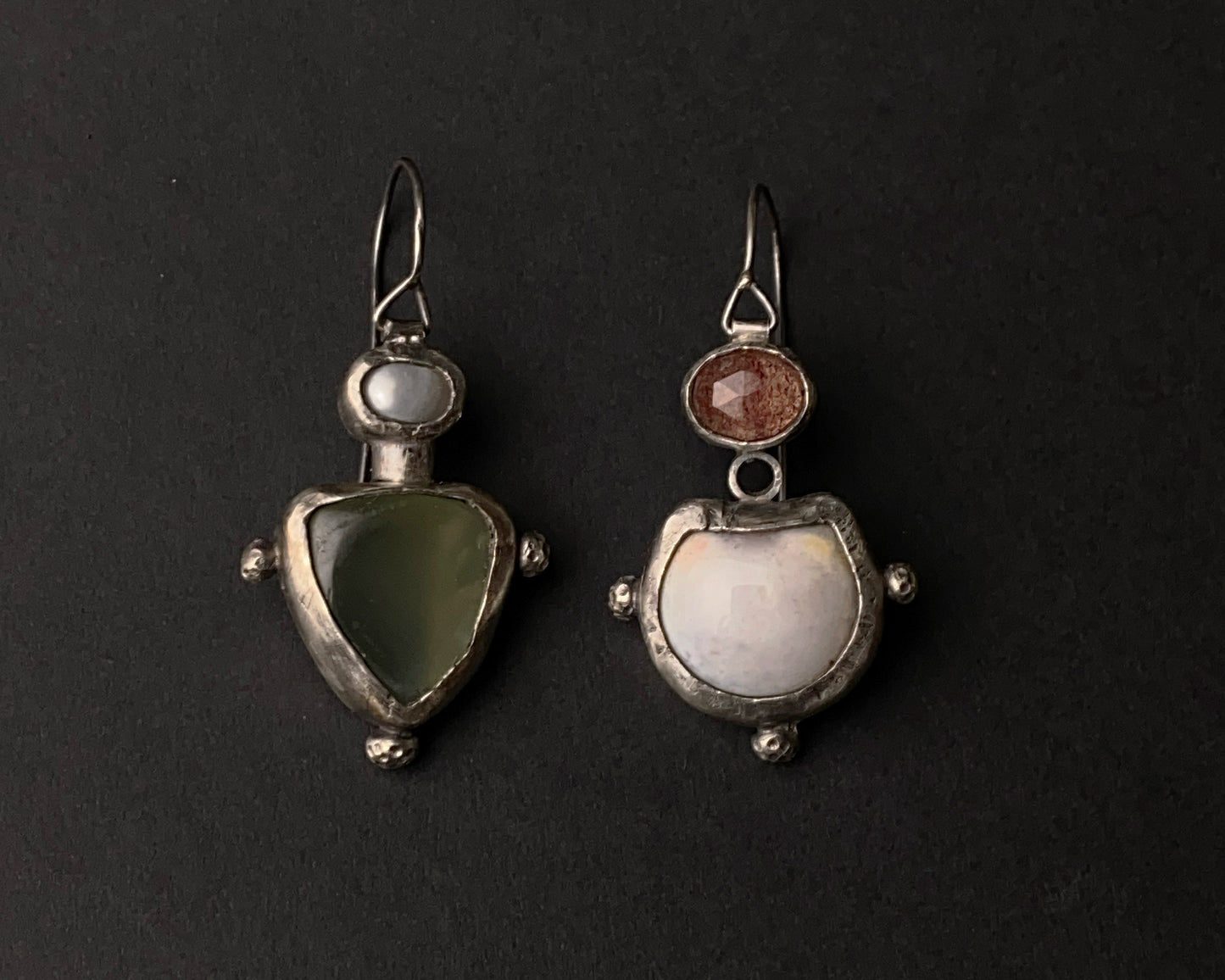 Strawberry Quartz, Agate, Pearl & Prehnite Silver Earrings