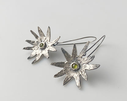 Silver Starburst Peridot Earrings