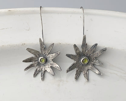 Silver Starburst Peridot Earrings