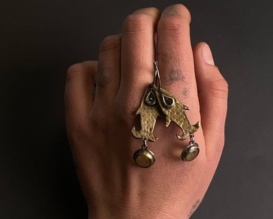 Gold-Plated Fish Earrings with Blue Topaz and Lemon Quartz