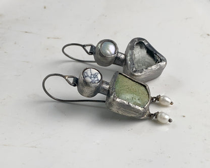 Sterling Silver Earrings with Gowlite, Chrysoprase, Prasiolite, and Pearls