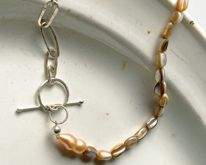 Sterling Silver Chain and Mother-of-Pearl Choker with Baroque Pearl Accent