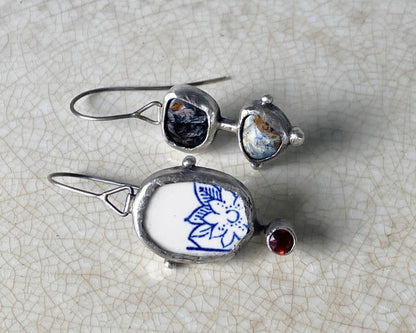 Asymmetrical Earrings with Pietersite, Citrine, and Vintage Ceramic