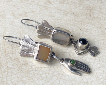 Handcrafted Silver Earrings with Chalcedony, Jade, and Black Agate