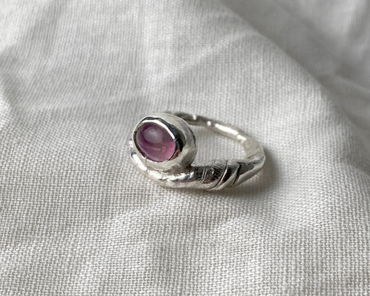 Handcrafted Sterling Silver Oval Amethyst Ring with Sculptural Design