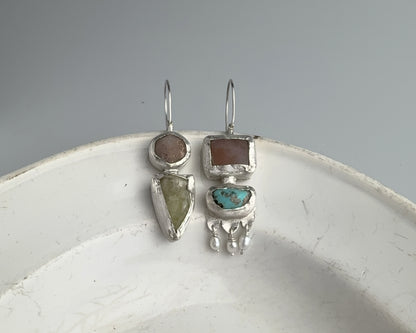 Handcrafted Sterling Silver Mismatched Earrings with Turquoise, Beta Quartz, Garnet, Chalcedony & Pearls