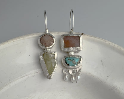Handcrafted Sterling Silver Mismatched Earrings with Turquoise, Beta Quartz, Garnet, Chalcedony & Pearls