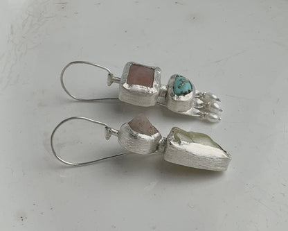 Handcrafted Sterling Silver Mismatched Earrings with Turquoise, Beta Quartz, Garnet, Chalcedony & Pearls