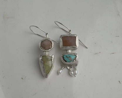 Handcrafted Sterling Silver Mismatched Earrings with Turquoise, Beta Quartz, Garnet, Chalcedony & Pearls