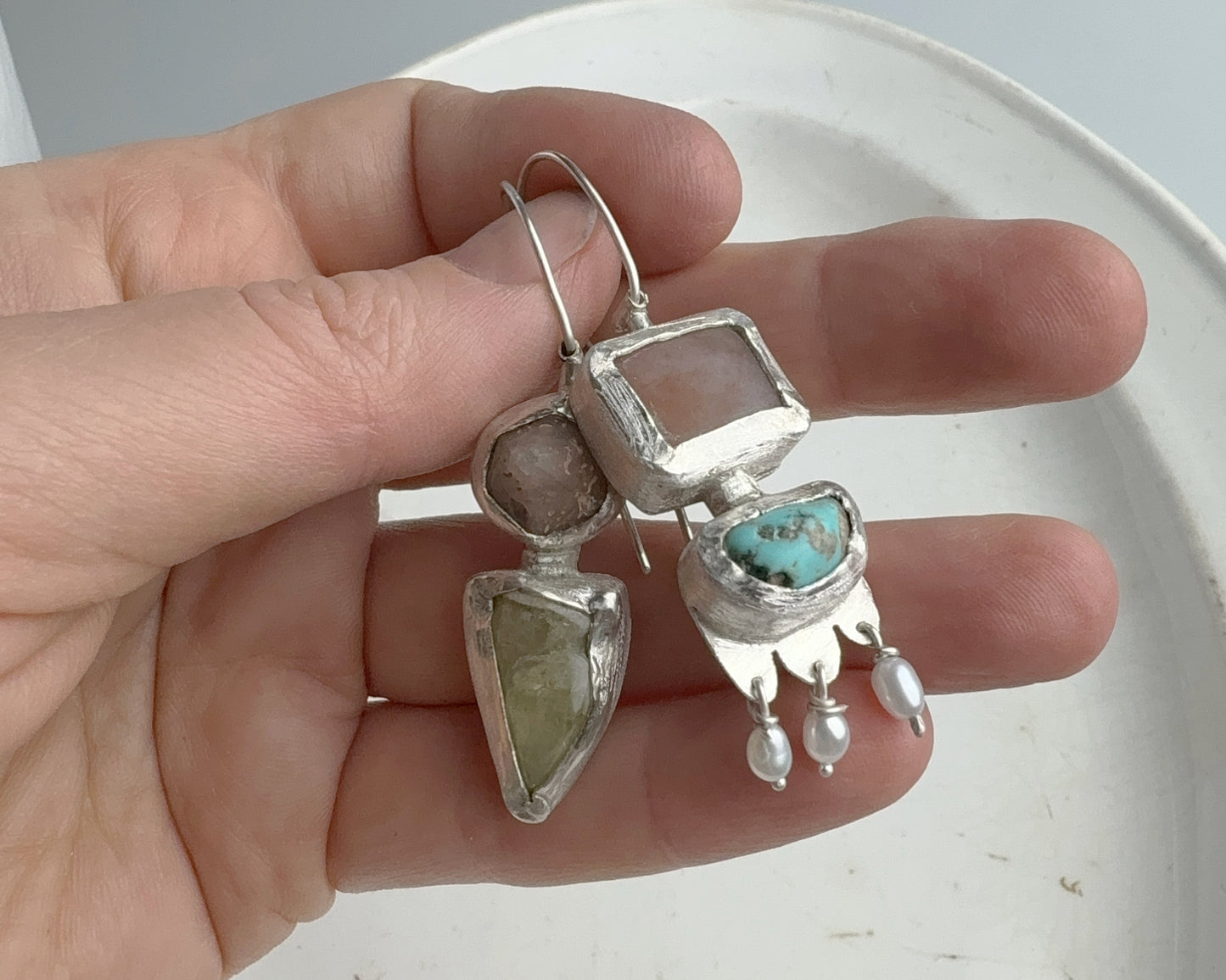 Handcrafted Sterling Silver Mismatched Earrings with Turquoise, Beta Quartz, Garnet, Chalcedony & Pearls