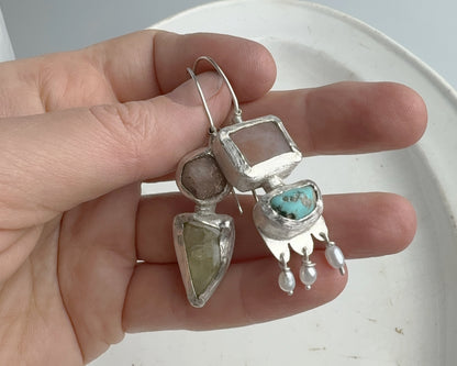 Handcrafted Sterling Silver Mismatched Earrings with Turquoise, Beta Quartz, Garnet, Chalcedony & Pearls