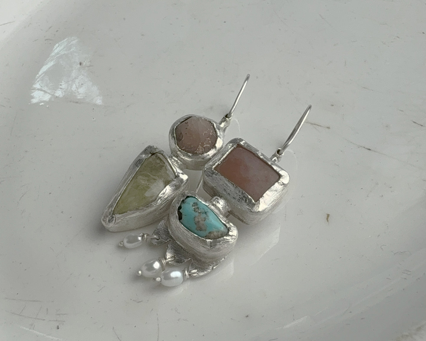 Handcrafted Sterling Silver Mismatched Earrings with Turquoise, Beta Quartz, Garnet, Chalcedony & Pearls