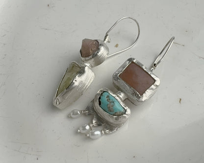 Handcrafted Sterling Silver Mismatched Earrings with Turquoise, Beta Quartz, Garnet, Chalcedony & Pearls